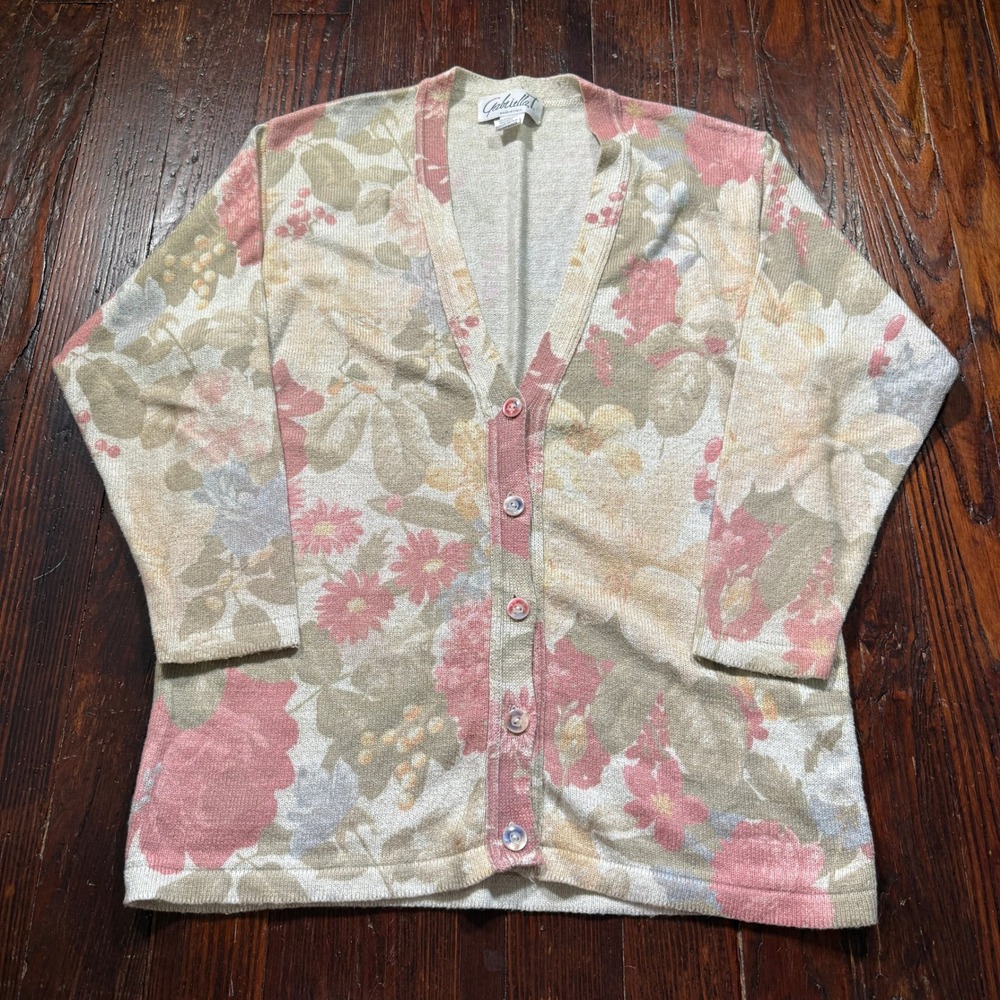 Vintage Gabriella T Cardigan Women L Multicolor Floral Cotton Linen Italy Made